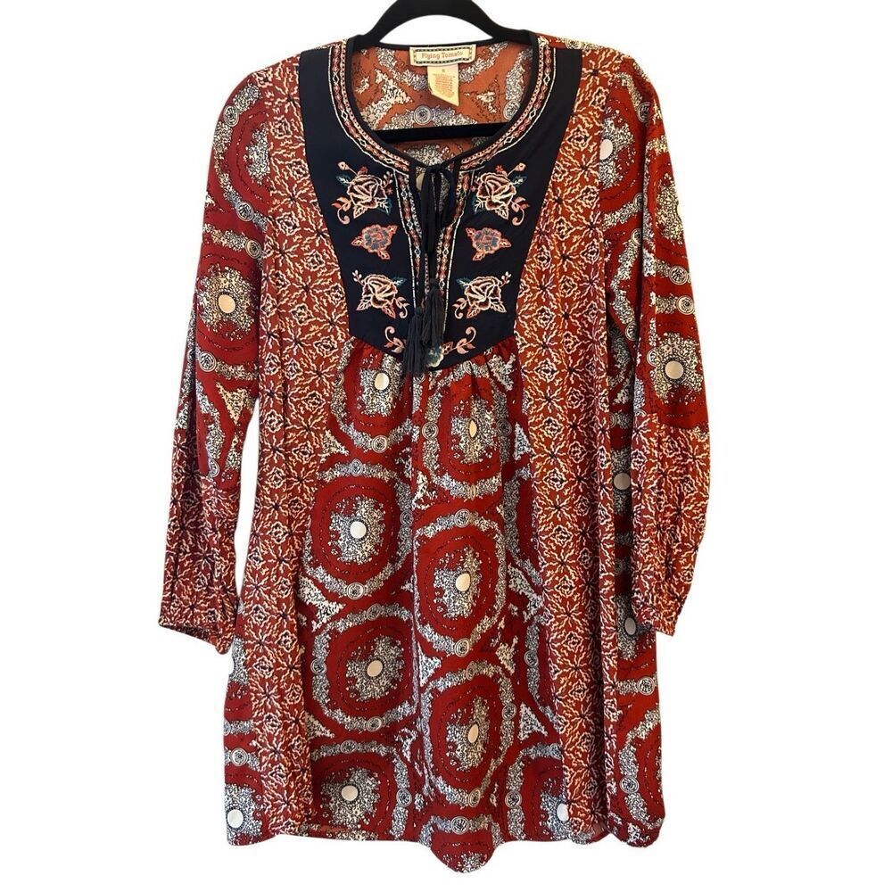 Flying Tomato Boho Dress sz S Embroidered tassel relaxed fit mixed print